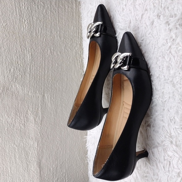 Adrienne Vittadini Saga Black Fine Leather Pointed-Toe Slip On Kitten Heel Pumps - Picture 4 of 16